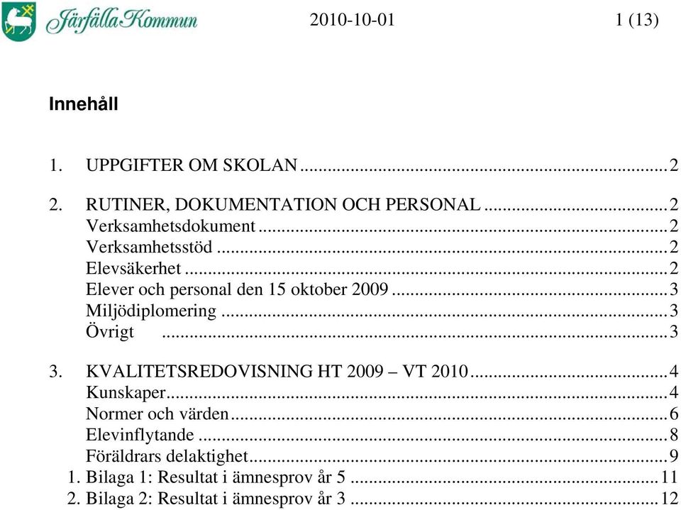 ..3 Miljödiplomering...3 Övrigt...3 3. KVALITETSREDOVISNING HT 2009 VT 2010...4 Kunskaper...4 Normer och värden.