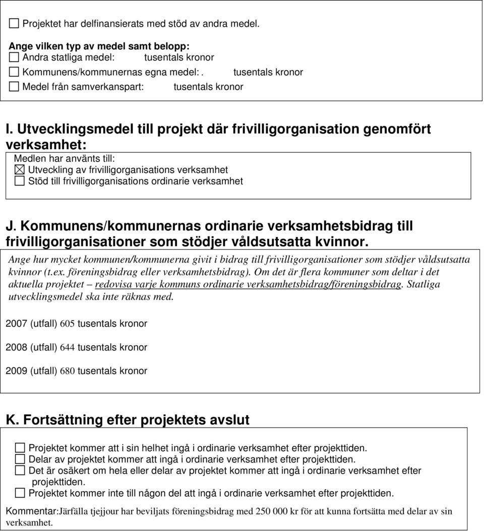 Utvecklingsmedel till projekt där frivilligorganisation genomfört verksamhet: Medlen har använts till: Utveckling av frivilligorganisations verksamhet Stöd till frivilligorganisations ordinarie