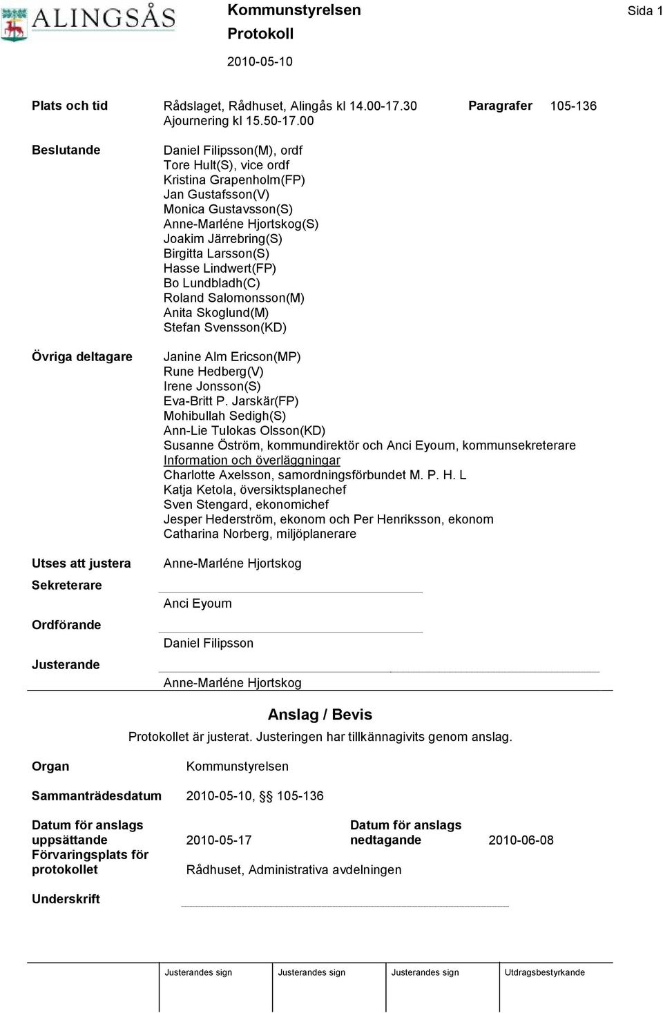 Monica Gustavsson(S) Anne-Marlé ne Hjortskog(S) Joakim Jä rrebring(s) Birgitta Larsson(S) Hasse Lindwert(FP) Bo Lundbladh(C) Roland Salomonsson(M) Anita Skoglund(M) Stefan Svensson(KD) Janine Alm