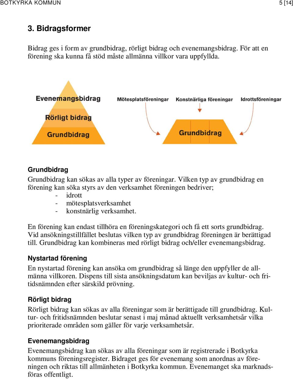 Vilken typ av grundbidrag en förening kan söka styrs av den verksamhet föreningen bedriver; - idrott - mötesplatsverksamhet - konstnärlig verksamhet.