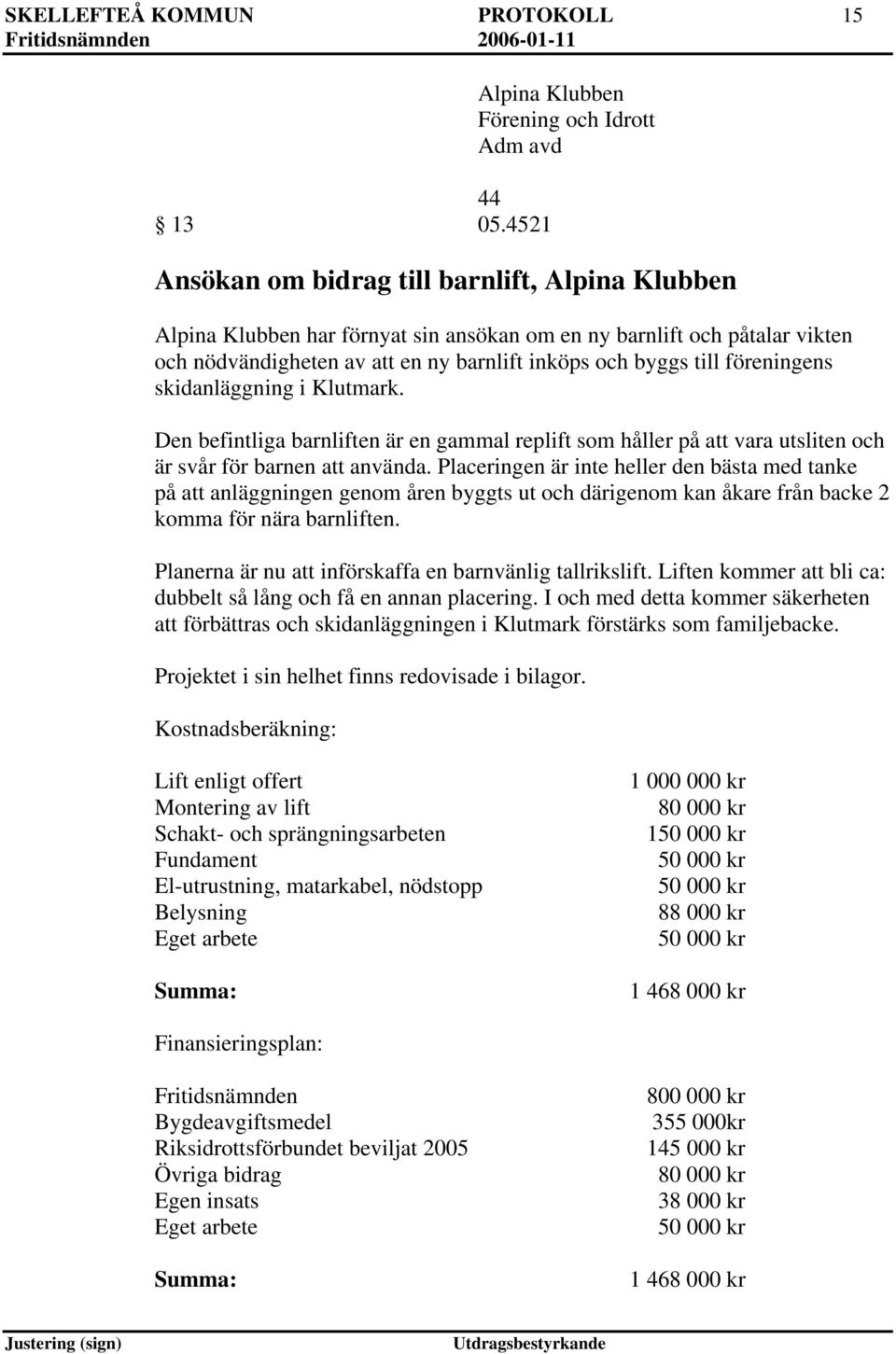 barnlift inköps och byggs till föreningens skidanläggning i Klutmark. Den befintliga barnliften är en gammal replift som håller på vara utsliten och är svår för barnen använda.