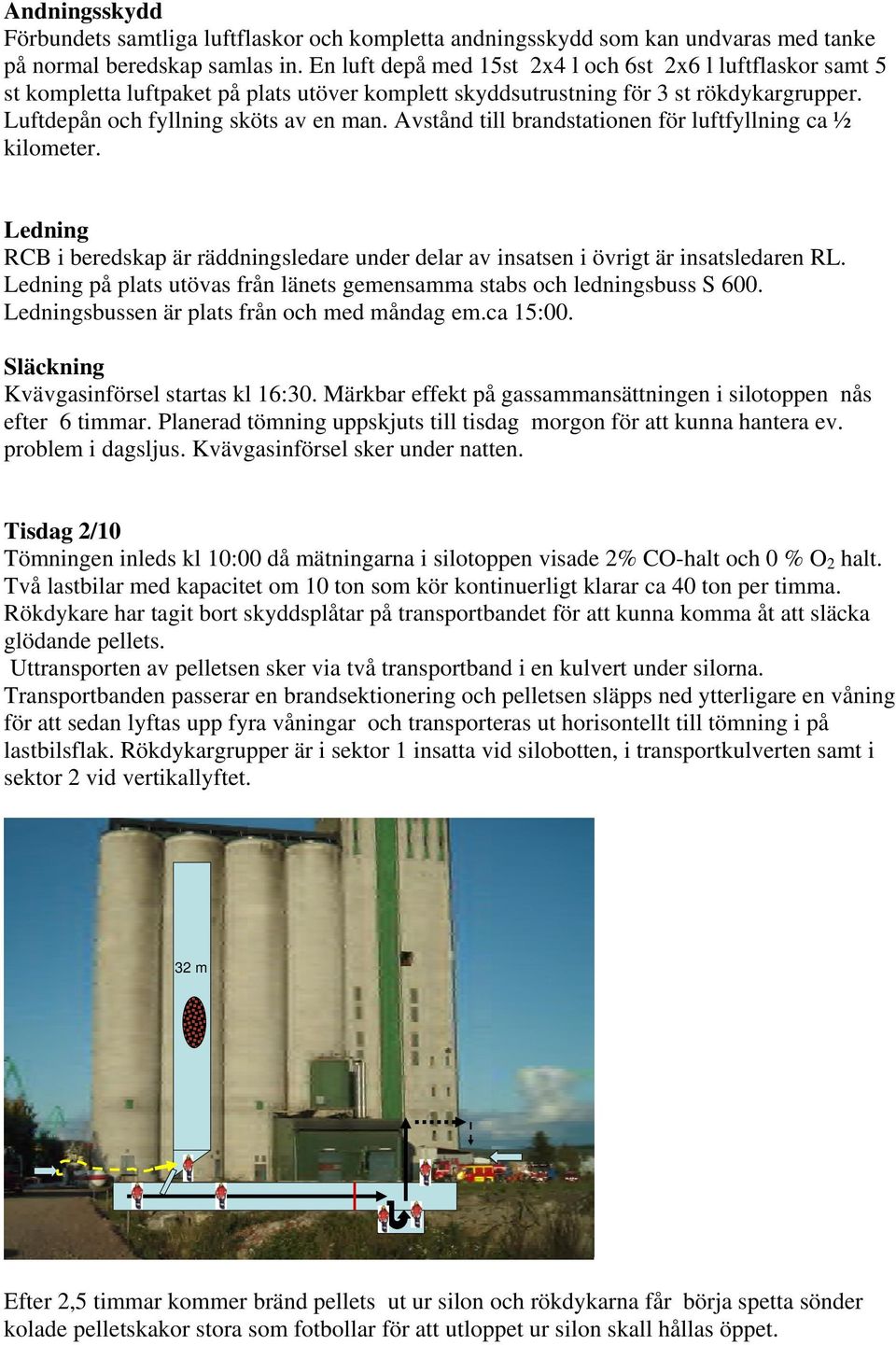 Avstånd till brandstationen för luftfyllning ca ½ kilometer. Ledning RCB i beredskap är räddningsledare under delar av insatsen i övrigt är insatsledaren RL.