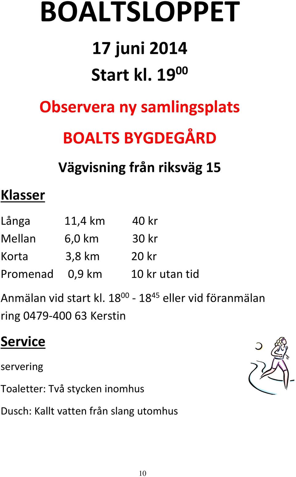 kr Mellan 6,0 km 30 kr Korta 3,8 km 20 kr Promenad 0,9 km 10 kr utan tid Anmälan vid start kl.