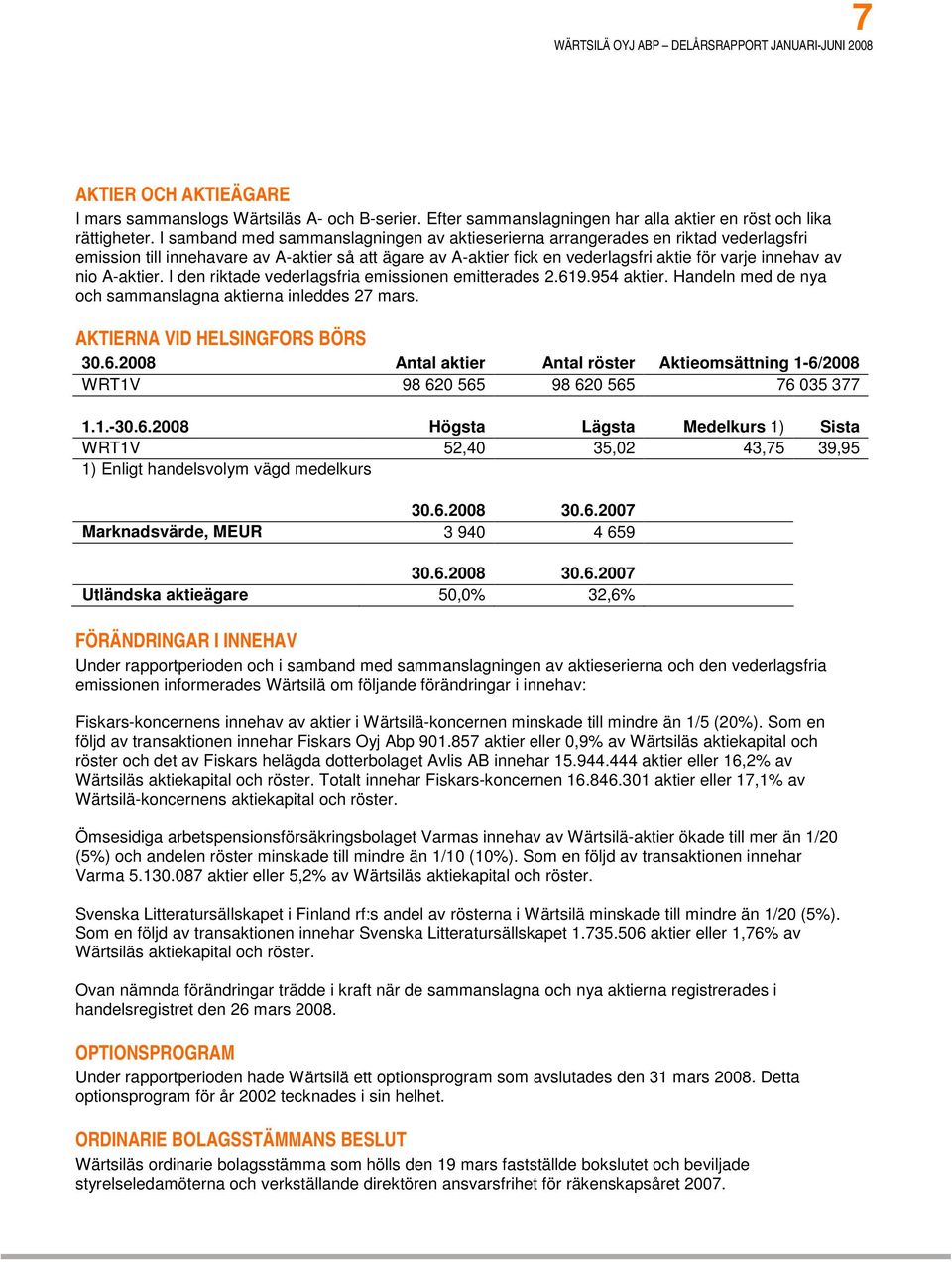 A-aktier. I den riktade vederlagsfria emissionen emitterades 2.619.954 aktier. Handeln med de nya och sammanslagna aktierna inleddes 27 mars. AKTIERNA VID HELSINGFORS BÖRS 30.6.2008 Antal aktier Antal röster Aktieomsättning 1-6/2008 WRT1V 98 620 565 98 620 565 76 035 377 1.