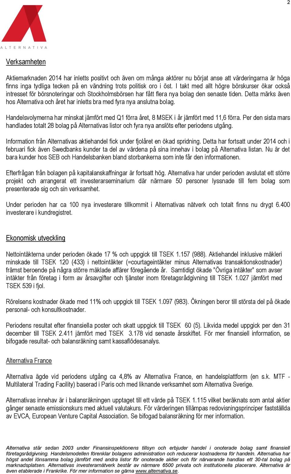 Detta märks även hos Alternativa och året har inletts bra med fyra nya anslutna bolag. Handelsvolymerna har minskat jämfört med Q1 förra året, 8 MSEK i år jämfört med 11,6 förra.