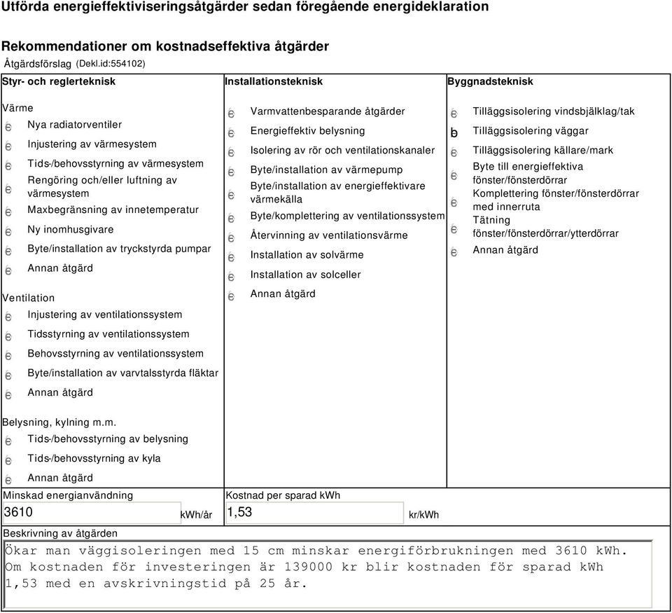 värmesystem Maxbegränsning av innetemperatur Ny inomhusgivare Byte/installation av tryckstyrda pumpar Ventilation Injustering av ventilationssystem Tidsstyrning av ventilationssystem Behovsstyrning