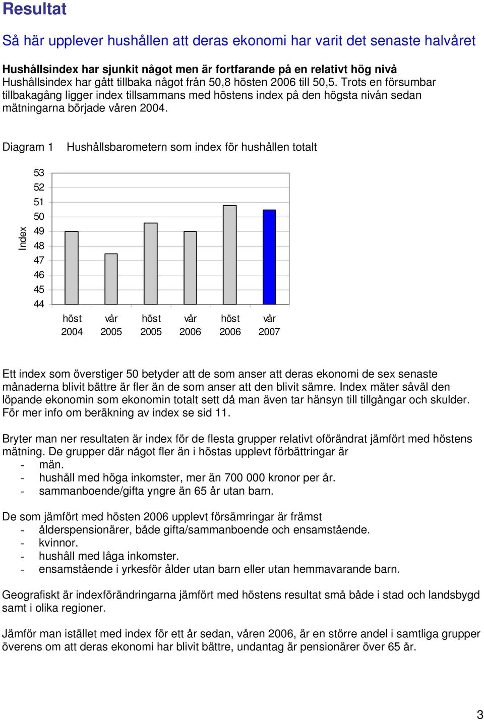 Diagram 1 Hushållsbarometern som index för hushållen totalt 53 52 51 50 Index 49 48 47 46 45 44 höst 2004 vår 2005 höst 2005 vår 2006 höst 2006 vår 2007 Ett index som överstiger 50 betyder att de som