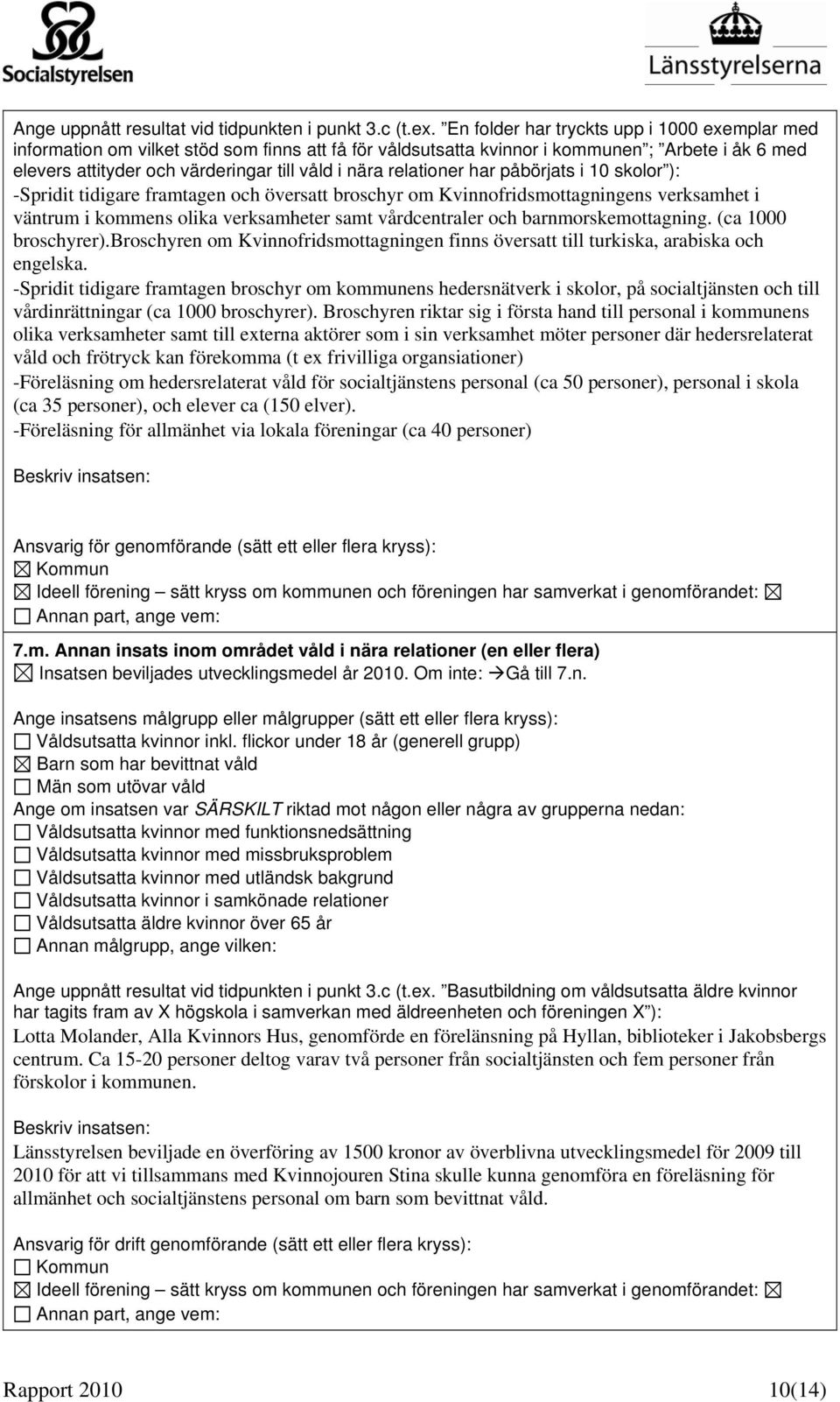 relationer har påbörjats i 10 skolor ): -Spridit tidigare framtagen och översatt broschyr om Kvinnofridsmottagningens verksamhet i väntrum i kommens olika verksamheter samt vårdcentraler och