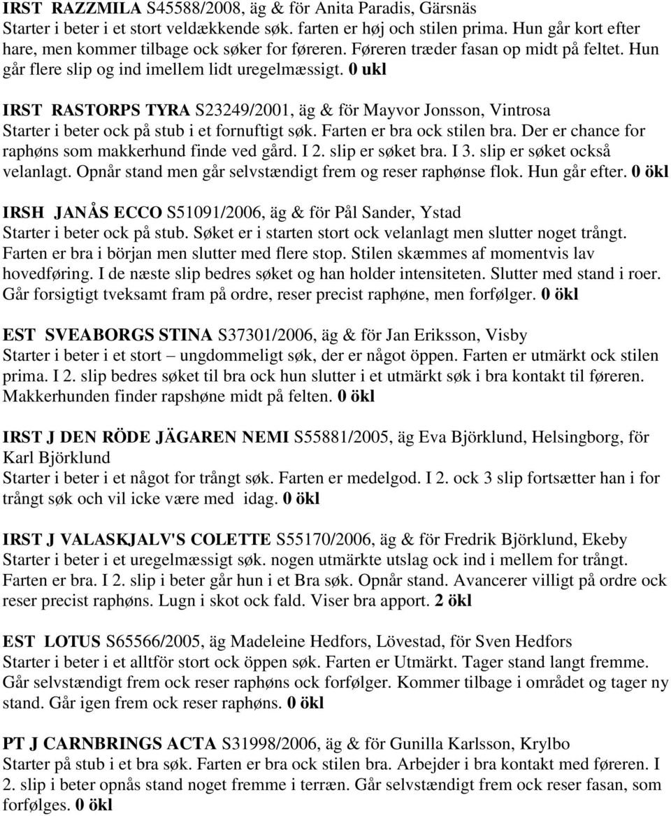 0 ukl IRST RASTORPS TYRA S23249/2001, äg & för Mayvor Jonsson, Vintrosa Starter i beter ock på stub i et fornuftigt søk. Farten er bra ock stilen bra.