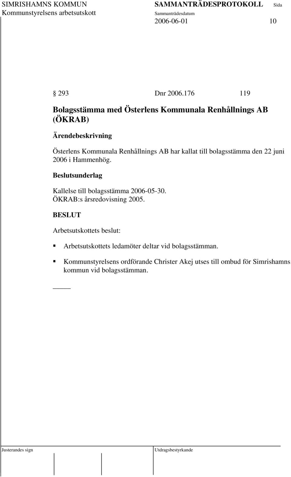 kallat till bolagsstämma den 22 juni 2006 i Hammenhög. Kallelse till bolagsstämma 2006-05-30.