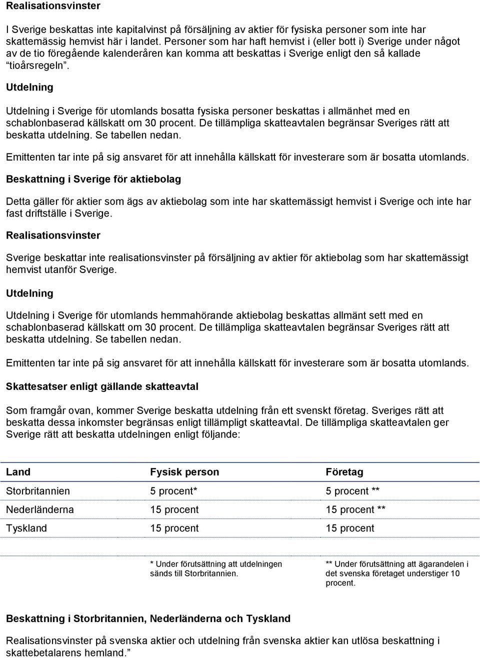 Utdelning Utdelning i Sverige för utomlands bosatta fysiska personer beskattas i allmänhet med en schablonbaserad källskatt om 30 procent.