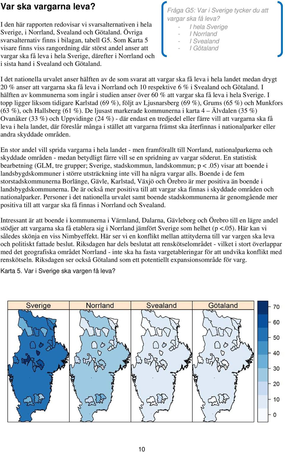 Fråga G5: Var i Sverige tycker du att vargar ska få leva?