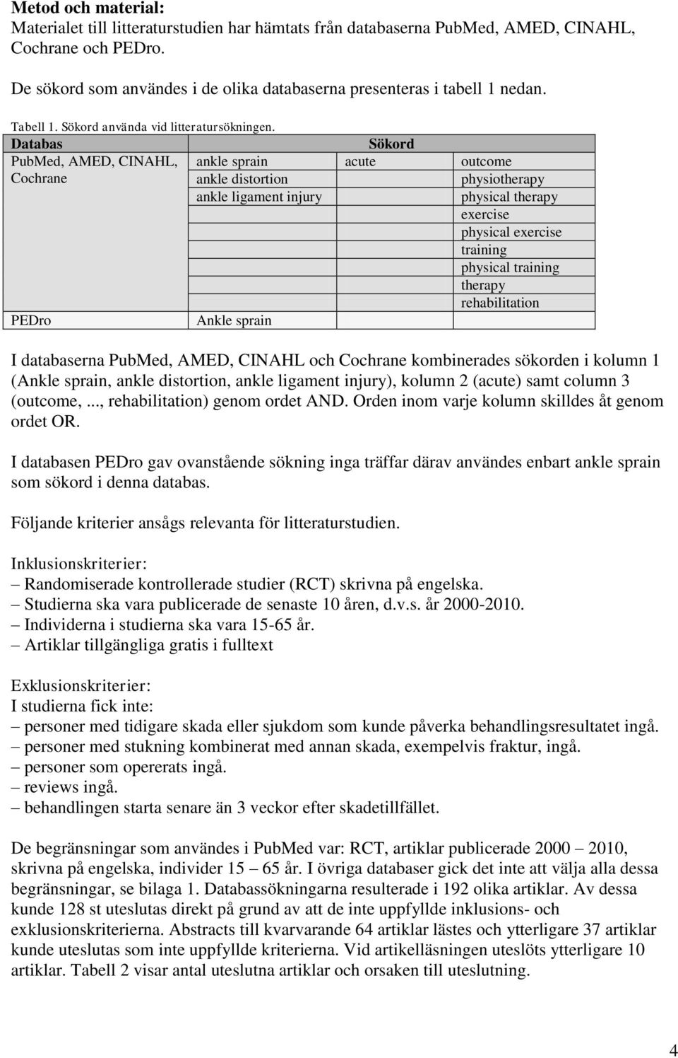 Databas Sökord PubMed, AMED, CINAHL, ankle sprain acute outcome Cochrane ankle distortion physiotherapy ankle ligament injury physical therapy exercise physical exercise training physical training