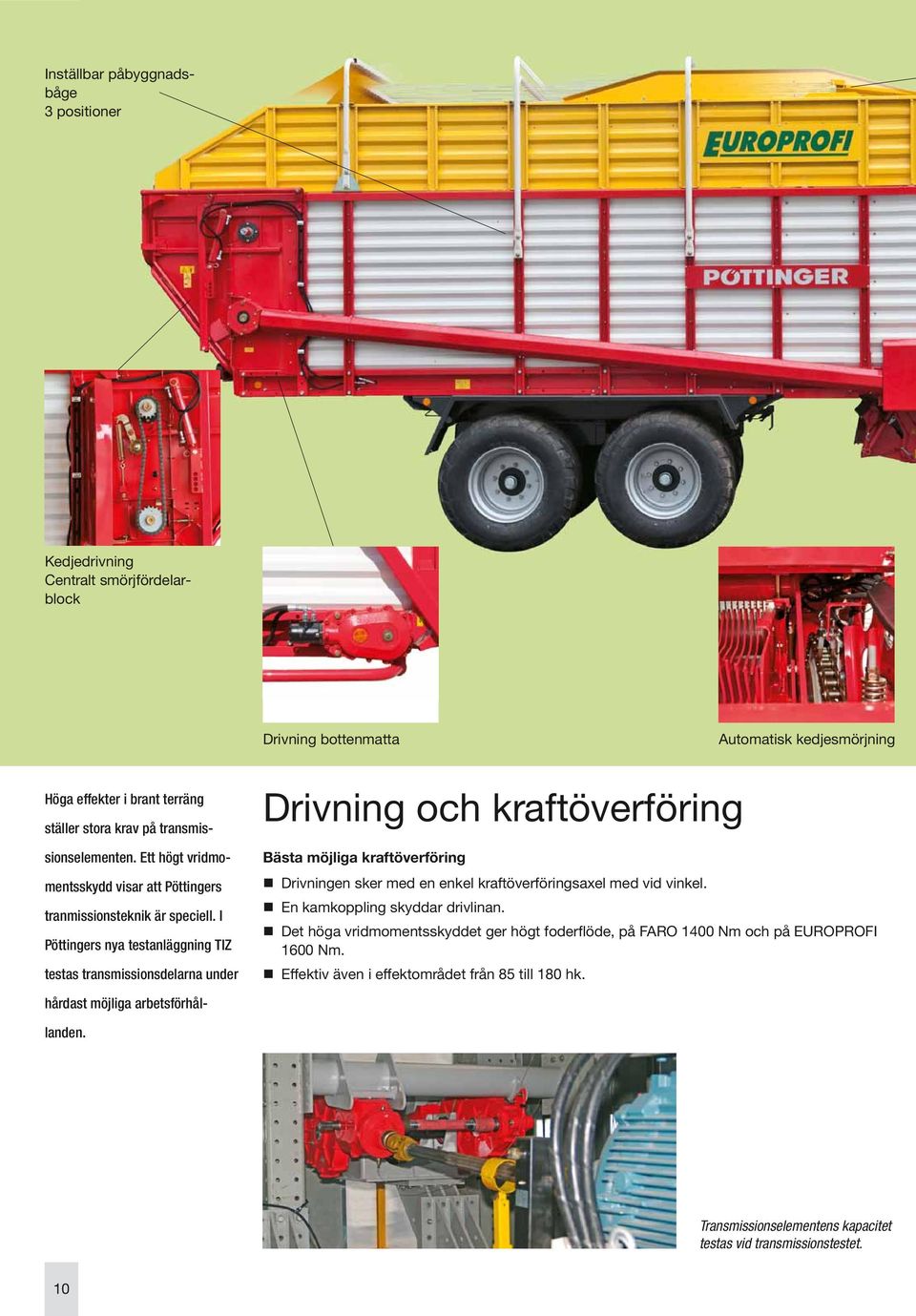 I Pöttingers nya testanläggning TIZ testas transmissionsdelarna under Drivning och kraftöverföring Bästa möjliga kraftöverföring Drivningen sker med en enkel kraftöverföringsaxel med vid