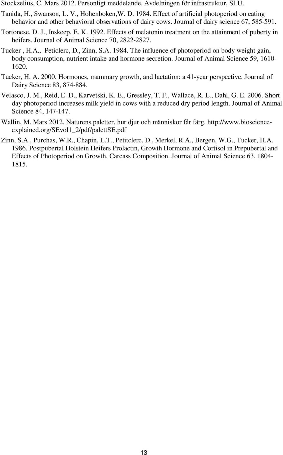 Effects of melatonin treatment on the attainment of puberty in heifers. Journal of Animal Science 70, 2822-2827. Tucker, H.A., Peticlerc, D., Zinn, S.A. 1984.