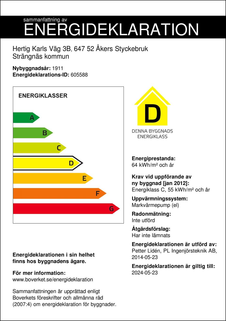 se/energideklaration Krav vid uppförande av ny byggnad [jan 2012]: Energiklass C, 55 /m² och år Uppvärmningssystem: Markvärmepump (el) Radonmätning: Inte utförd Åtgärdsförslag: