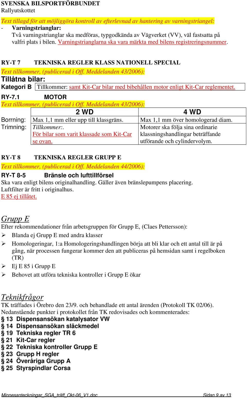 Meddelanden 43/2006): Tillåtna bilar: Kategori B Tillkommer: samt Kit-Car bilar med bibehållen motor enligt Kit-Car reglementet. RY-7.1 MOTOR Text tillkommer, (publicerad i Off.