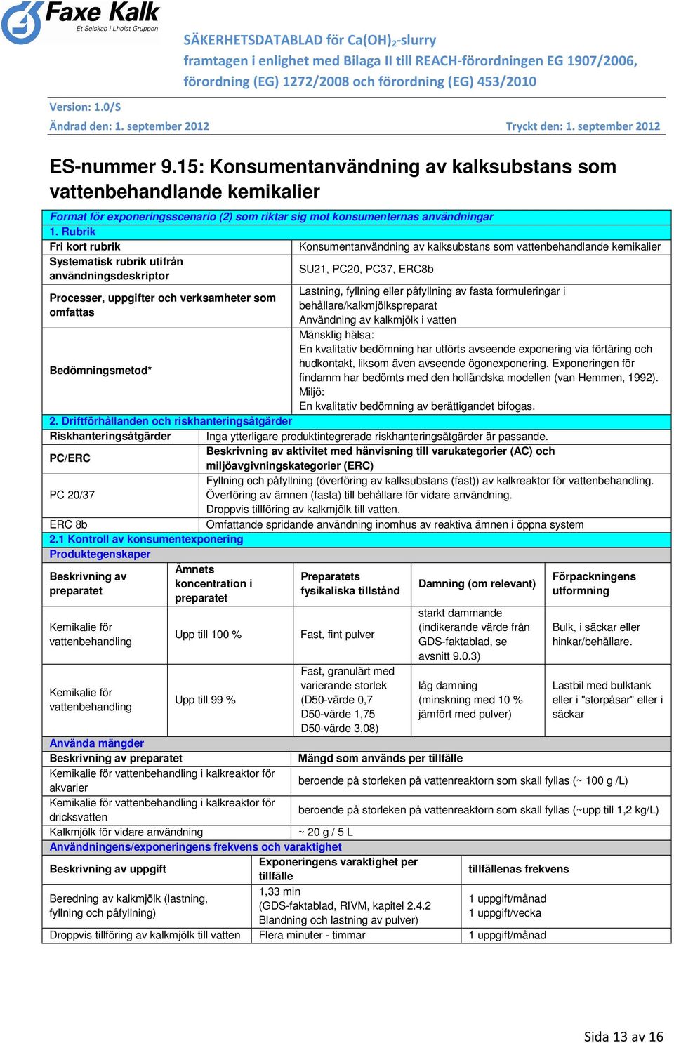 påfyllning av fasta formuleringar i Processer, uppgifter och verksamheter som behållare/kalkmjölkspreparat omfattas Användning av kalkmjölk i vatten Mänsklig hälsa: En kvalitativ bedömning har