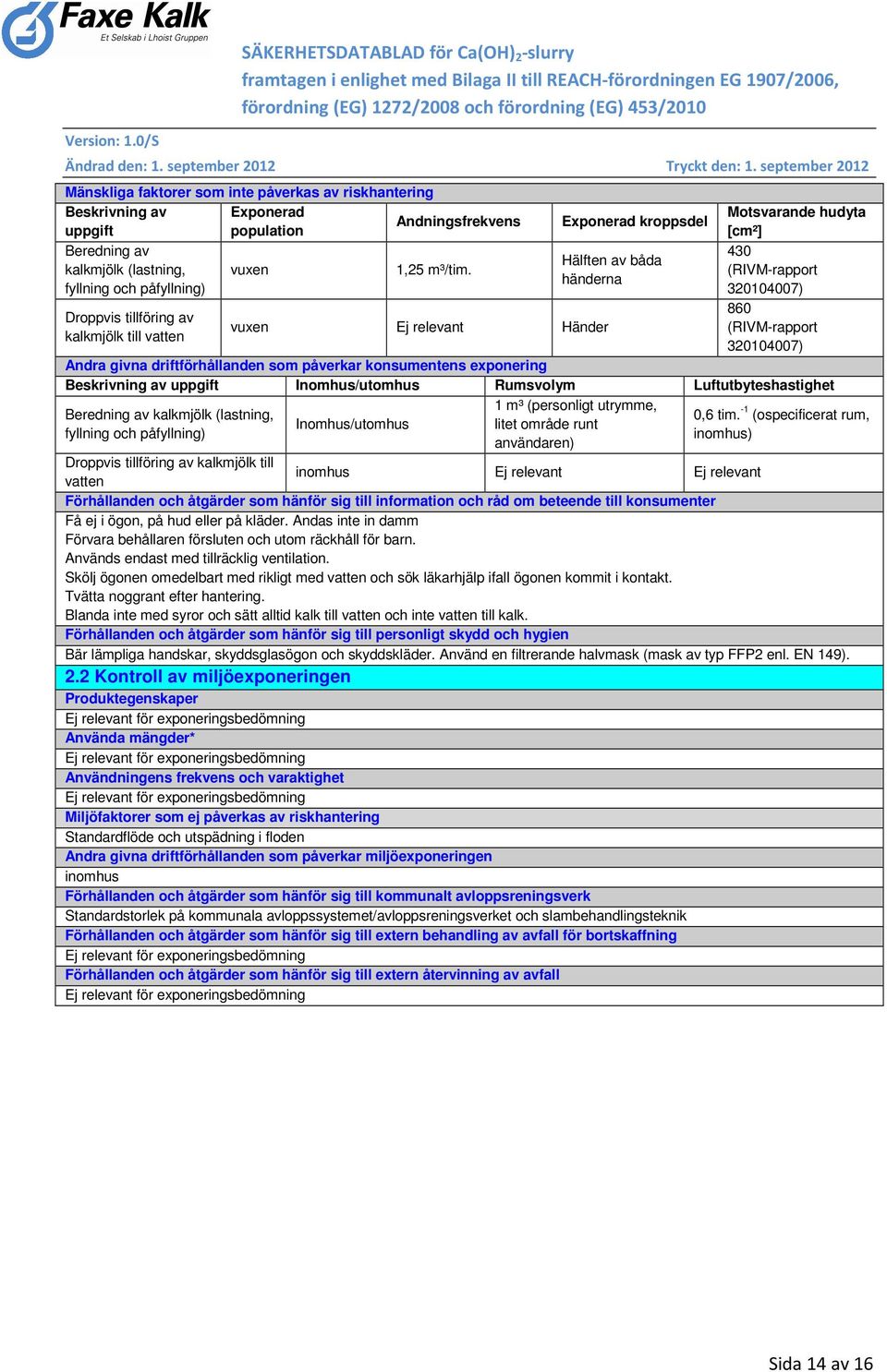 (RIVM-rapport 320104007) Andra givna driftförhållanden som påverkar konsumentens exponering Beskrivning av uppgift Inomhus/utomhus Rumsvolym Luftutbyteshastighet Beredning av kalkmjölk (lastning,