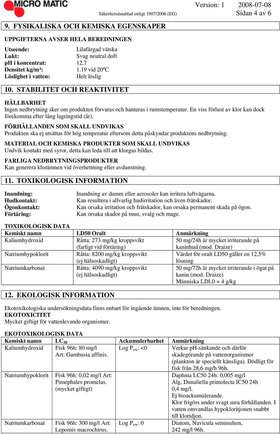 STABILITET OCH REAKTIVITET Säkerhetsdatablad enligt 1907/2006 (EG) Sidan 4 av 6 HÅLLBARHET Ingen nedbrytning sker om produkten förvaras och hanteras i rumstemperatur.