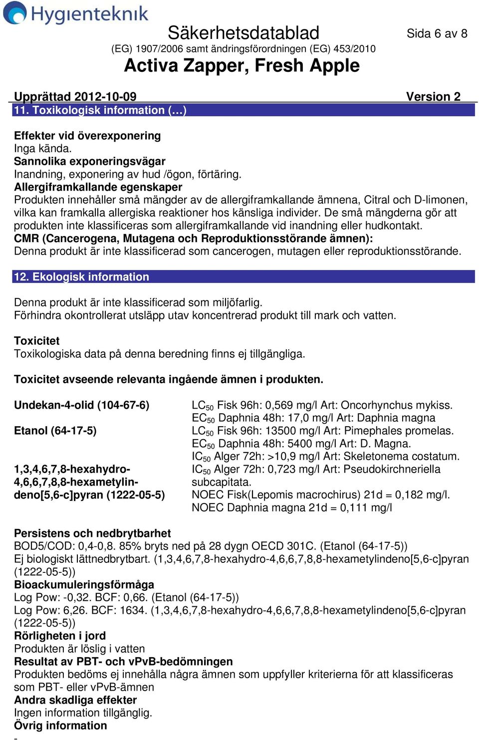 Allergiframkallande egenskaper Produkten innehåller små mängder av de allergiframkallande ämnena, Citral och Dlimonen, vilka kan framkalla allergiska reaktioner hos känsliga individer.