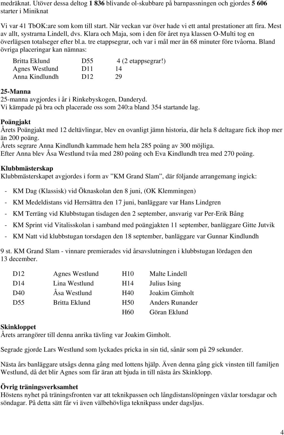 Bland övriga placeringar kan nämnas: Britta Eklund D55 4 (2 etappsegrar!) Agnes Westlund D11 14 Anna Kindlundh D12 29 25-Manna 25-manna avgjordes i år i Rinkebyskogen, Danderyd.