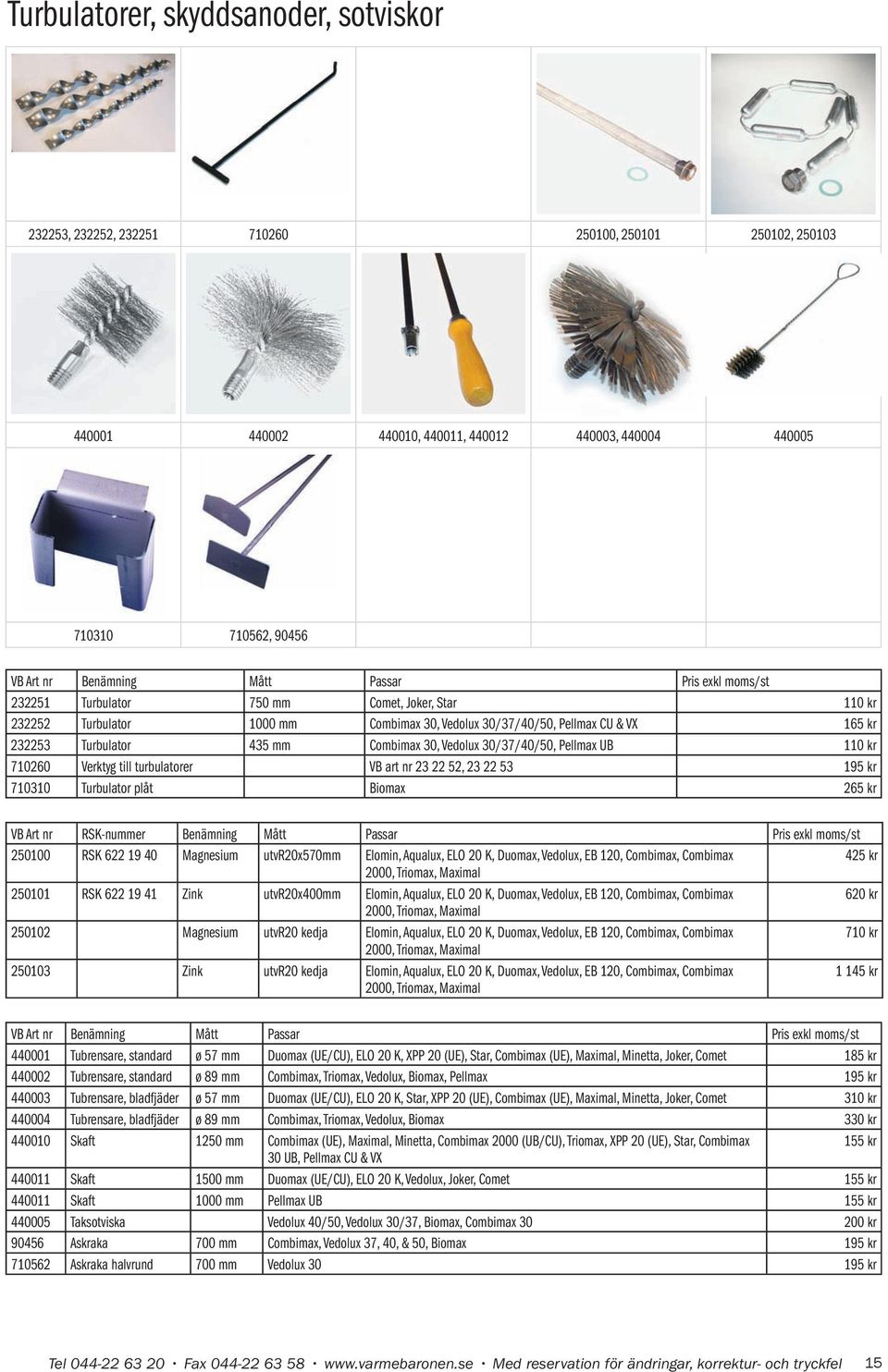 30, Vedolux 30/37/40/50, Pellmax UB 110 kr 710260 Verktyg till turbulatorer VB art nr 23 22 52, 23 22 53 195 kr 710310 Turbulator plåt Biomax 265 kr VB Art nr RSK-nummer Benämning Mått Passar Pris