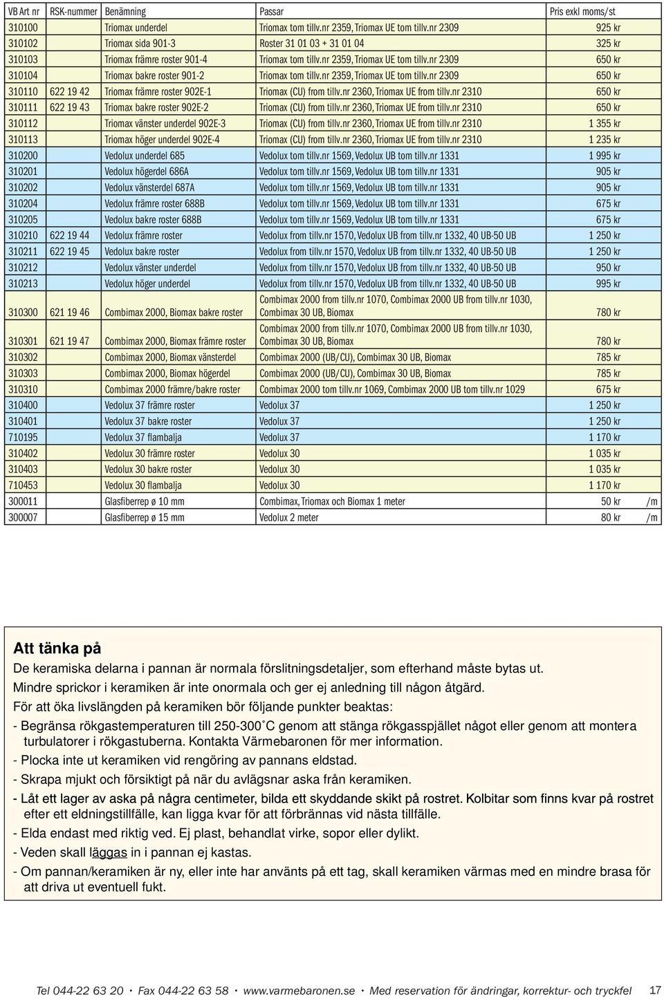 nr 2309 650 kr 310104 Triomax bakre roster 901-2 Triomax tom tillv.nr 2359, Triomax UE tom tillv.nr 2309 650 kr 310110 622 19 42 Triomax främre roster 902E-1 Triomax (CU) from tillv.