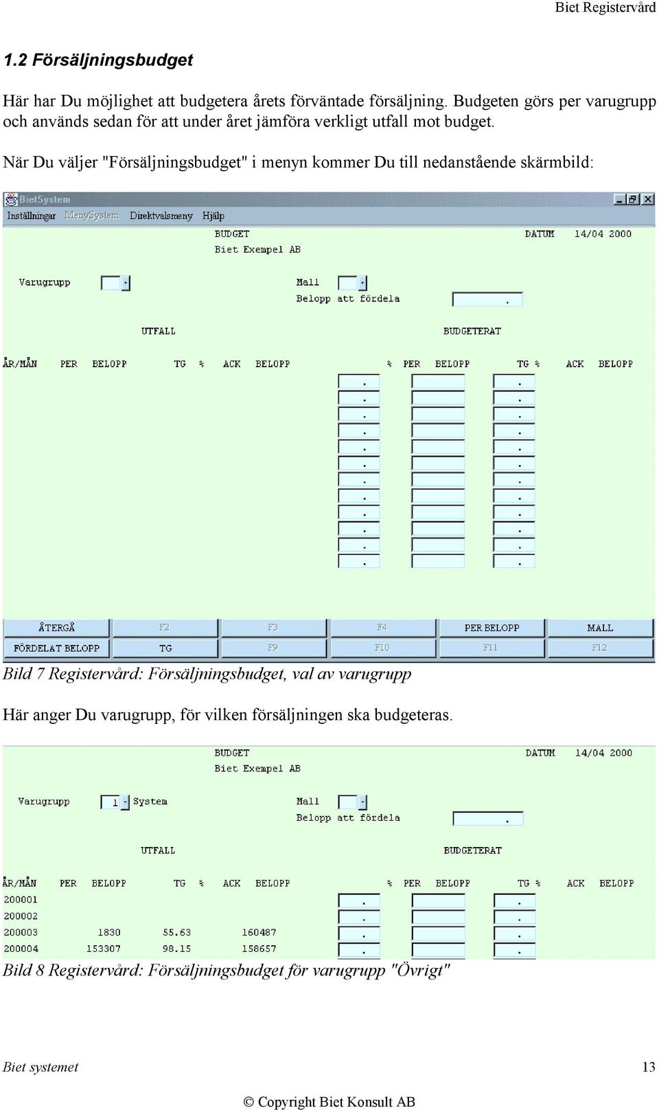 När Du väljer "Försäljningsbudget" i menyn kommer Du till nedanstående skärmbild: Bild 7 Registervård: