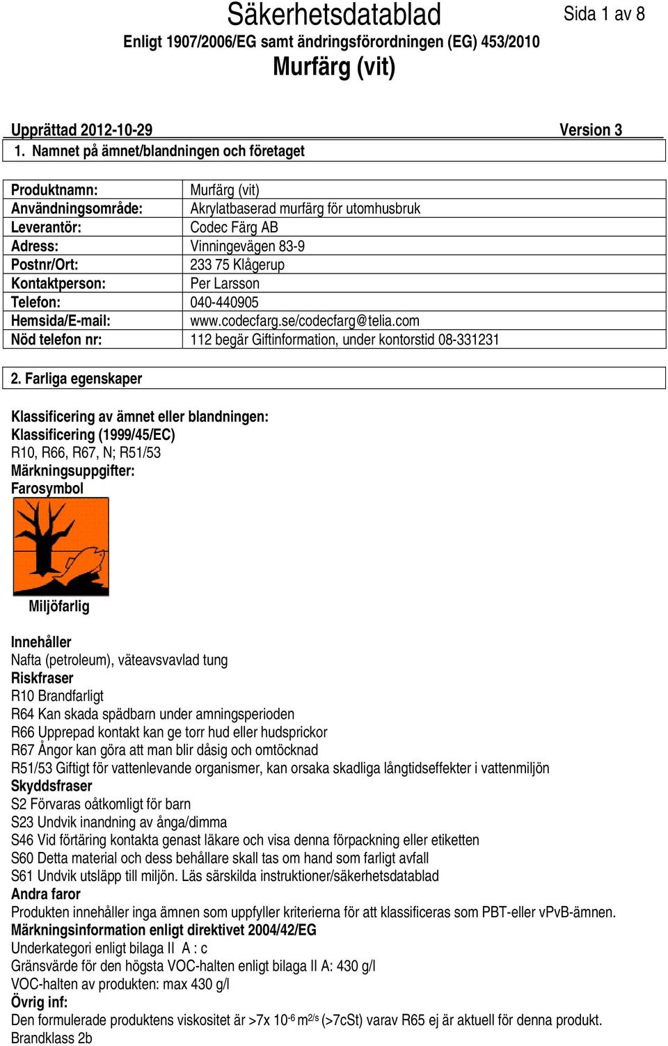 Kontaktperson: Per Larsson Telefon: 040440905 Hemsida/Email: www.codecfarg.se/codecfarg@telia.com Nöd telefon nr: 112 begär Giftinformation, under kontorstid 08331231 2.