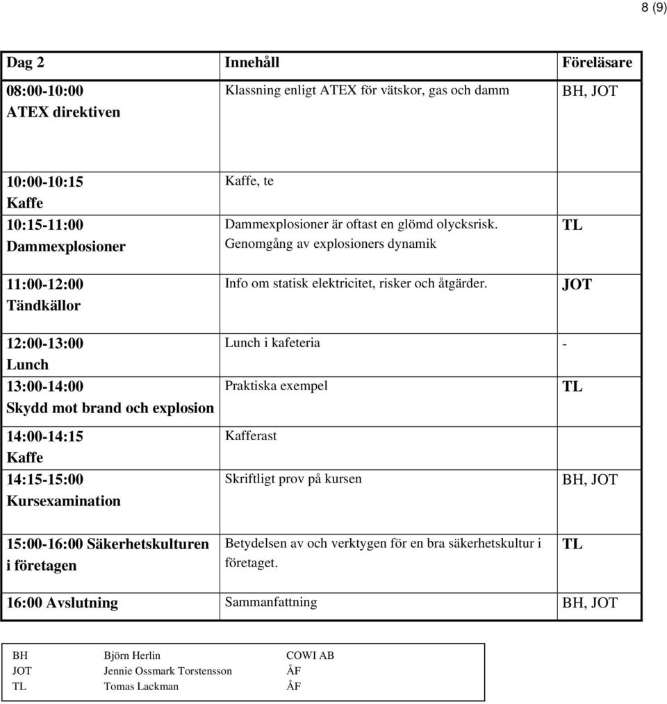 JOT 12:00-13:00 13:00-14:00 Skydd mot brand och explosion i kafeteria - Praktiska exempel TL 14:00-14:15 14:15-15:00 Kursexamination rast Skriftligt prov på kursen