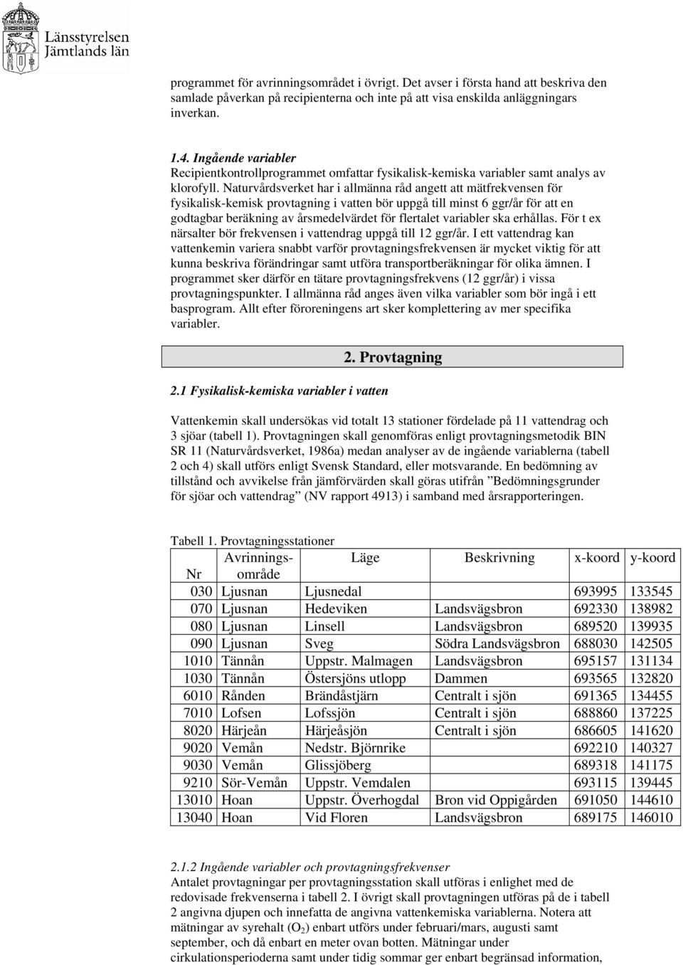 Naturvårdsverket har i allmänna råd angett att mätfrekvensen för fysikalisk-kemisk provtagning i vatten bör uppgå till minst 6 ggr/år för att en godtagbar beräkning av årsmedelvärdet för flertalet