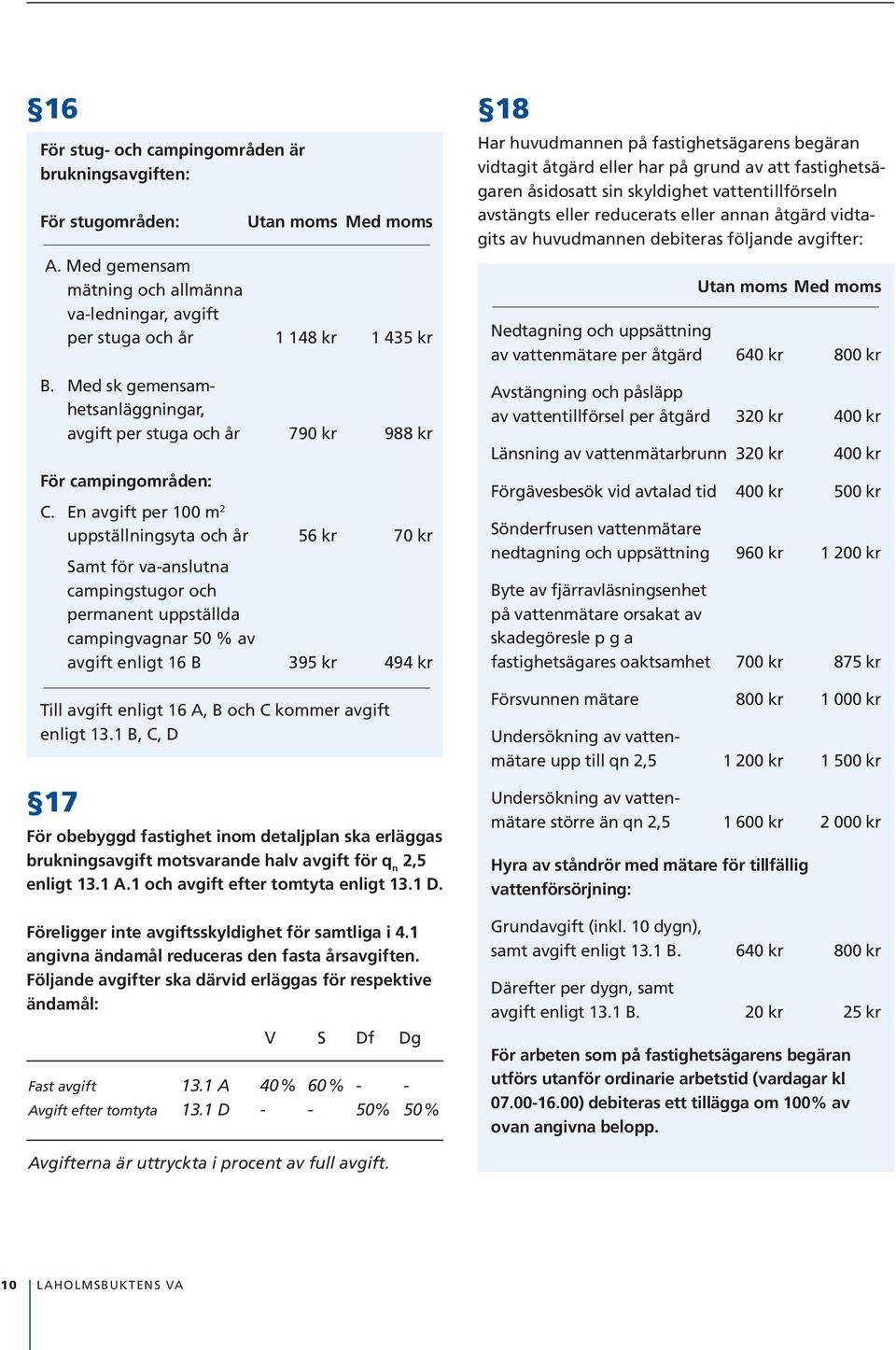 En avgift per 100 m 2 uppställningsyta och år 56 kr 70 kr Samt för va-anslutna campingstugor och permanent uppställda campingvagnar 50 % av avgift enligt 16 B 395 kr 494 kr Till avgift enligt 16 A, B