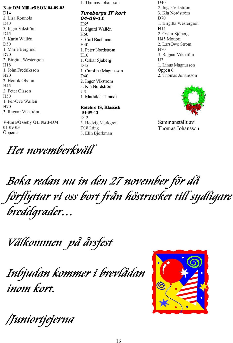 Peter Nordström H16 1. Oskar Sjöberg D45 1. Caroline Magnusson D40 2. Inger Vikström 3. Kia Nordström U3 1. Mathilda Tarandi Rotebro IS, Klassisk 04-09-12 D12 3. Hedvig Markgren D18 Lång 3.