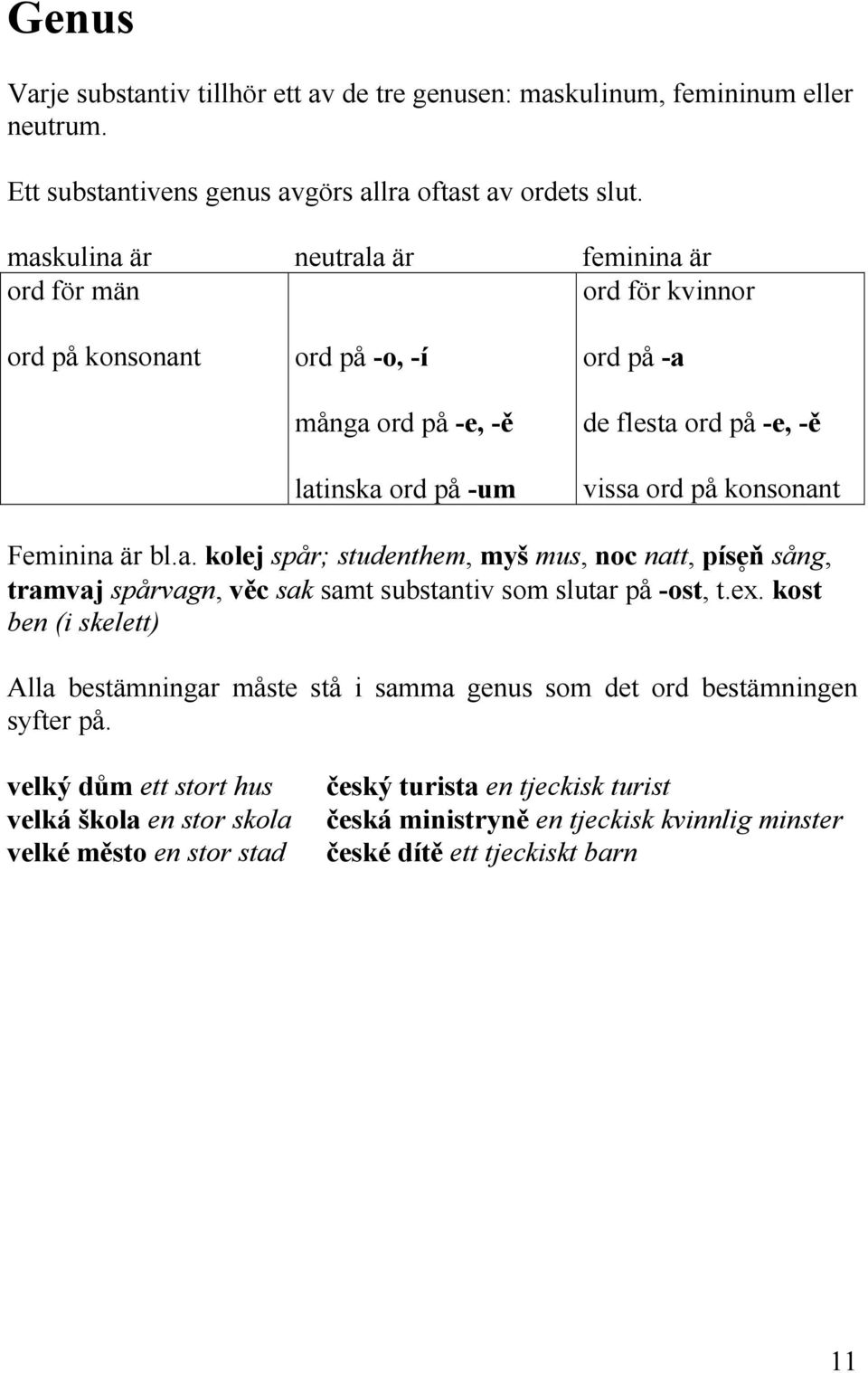 Feminina är bl.a. kolej spår; studenthem, myš mus, noc natt, píse9ň sång, tramvaj spårvagn, věc sak samt substantiv som slutar på -ost, t.ex.