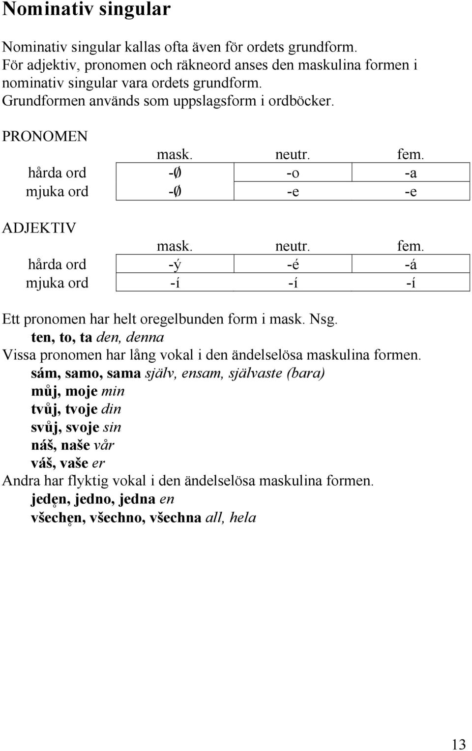 Nsg. ten, to, ta den, denna Vissa pronomen har lång vokal i den ändelselösa maskulina formen.