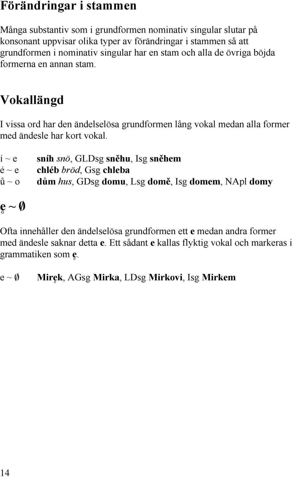 Vokallängd I vissa ord har den ändelselösa grundformen lång vokal medan alla former med ändesle har kort vokal.