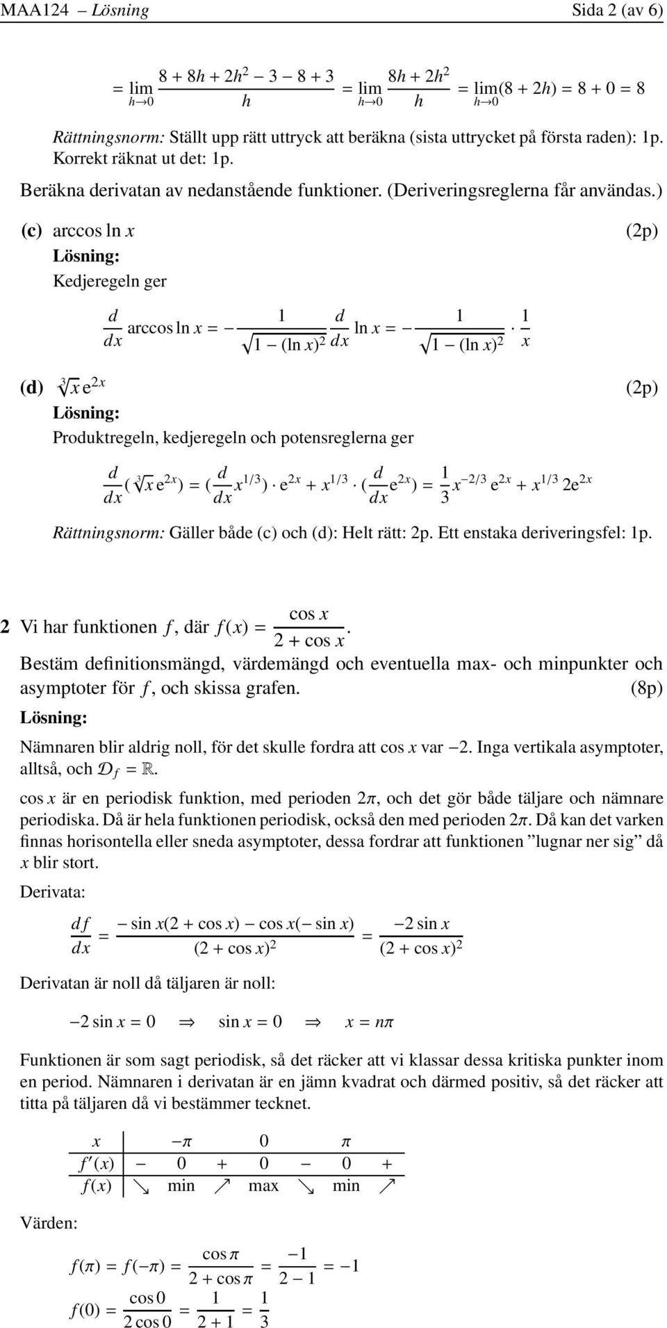 ) (c) arccos ln Kedjeregeln ger d d arccos ln = d (ln ) d ln = (ln ) (d) e Produktregeln, kedjeregeln och potensreglerna ger d d ( e )=( d d / ) e + / ( d d e )= / e + / e Rättningsnorm: Gäller både