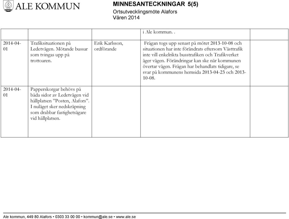 busstrafiken och Trafikverket äger vägen. Förändringar kan ske när kommunen övertar vägen.