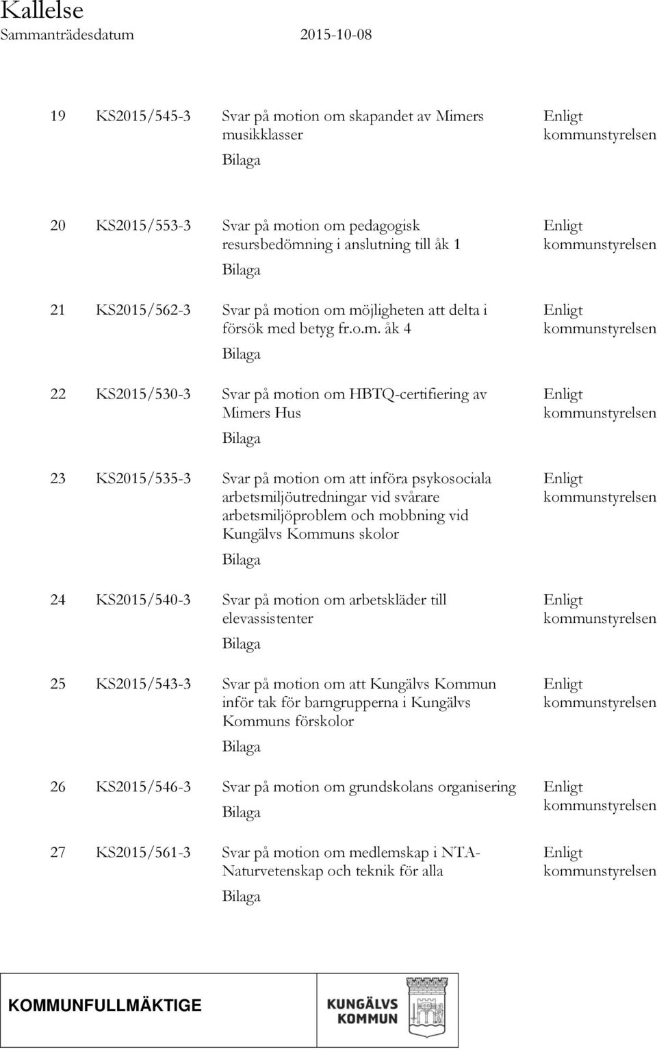 arbetsmiljöutredningar vid svårare arbetsmiljöproblem och mobbning vid Kungälvs Kommuns skolor 24 KS2015/540-3 Svar på motion om arbetskläder till elevassistenter 25 KS2015/543-3 Svar på motion