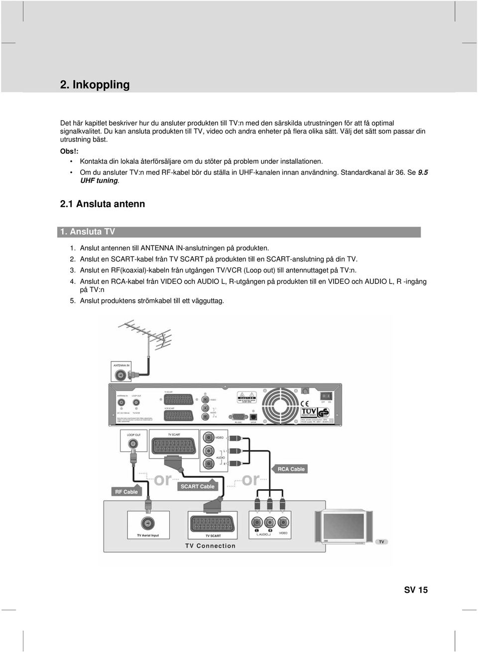 Kontakta din lokala återförsäljare om du stöter på problem under installationen. Om du ansluter TV:n med RF-kabel bör du ställa in UHF-kanalen innan användning. Standardkanal är 36. Se 9.5 UHF tuning.