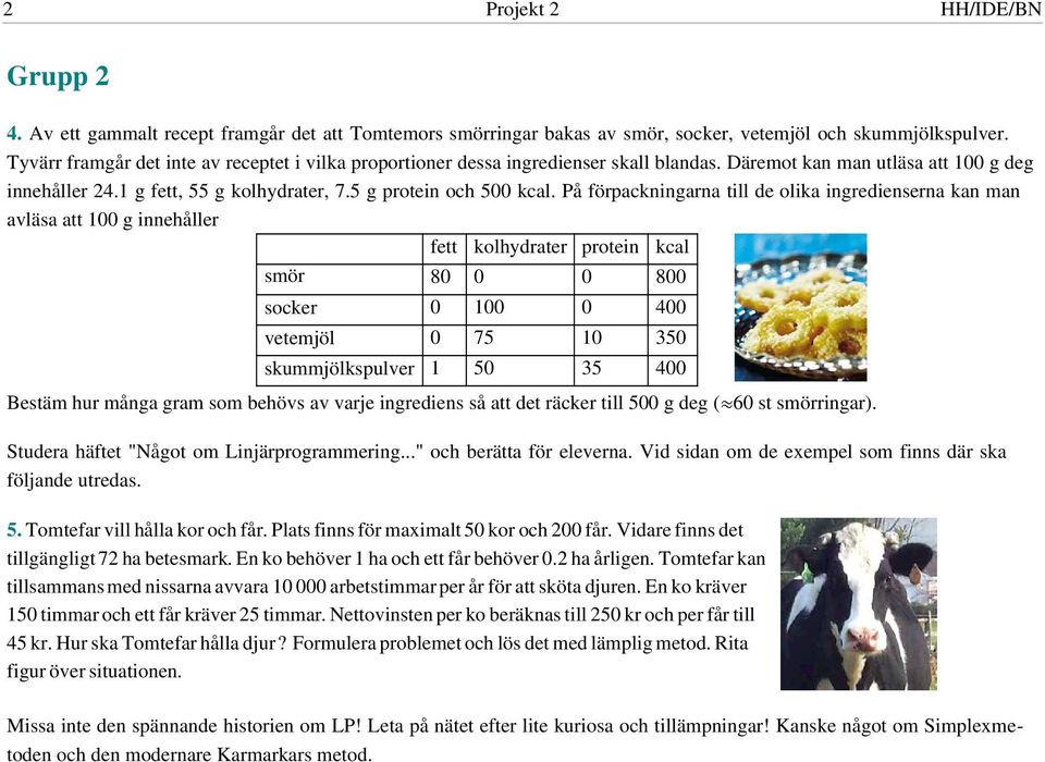 På förpackningarna till de olika ingredienserna kan man avläsa att 100 g innehåller fett kolhydrater protein kcal smör 80 0 0 800 socker 0 100 0 400 vetemjöl 0 75 10 350 skummjölkspulver 1 50 35 400