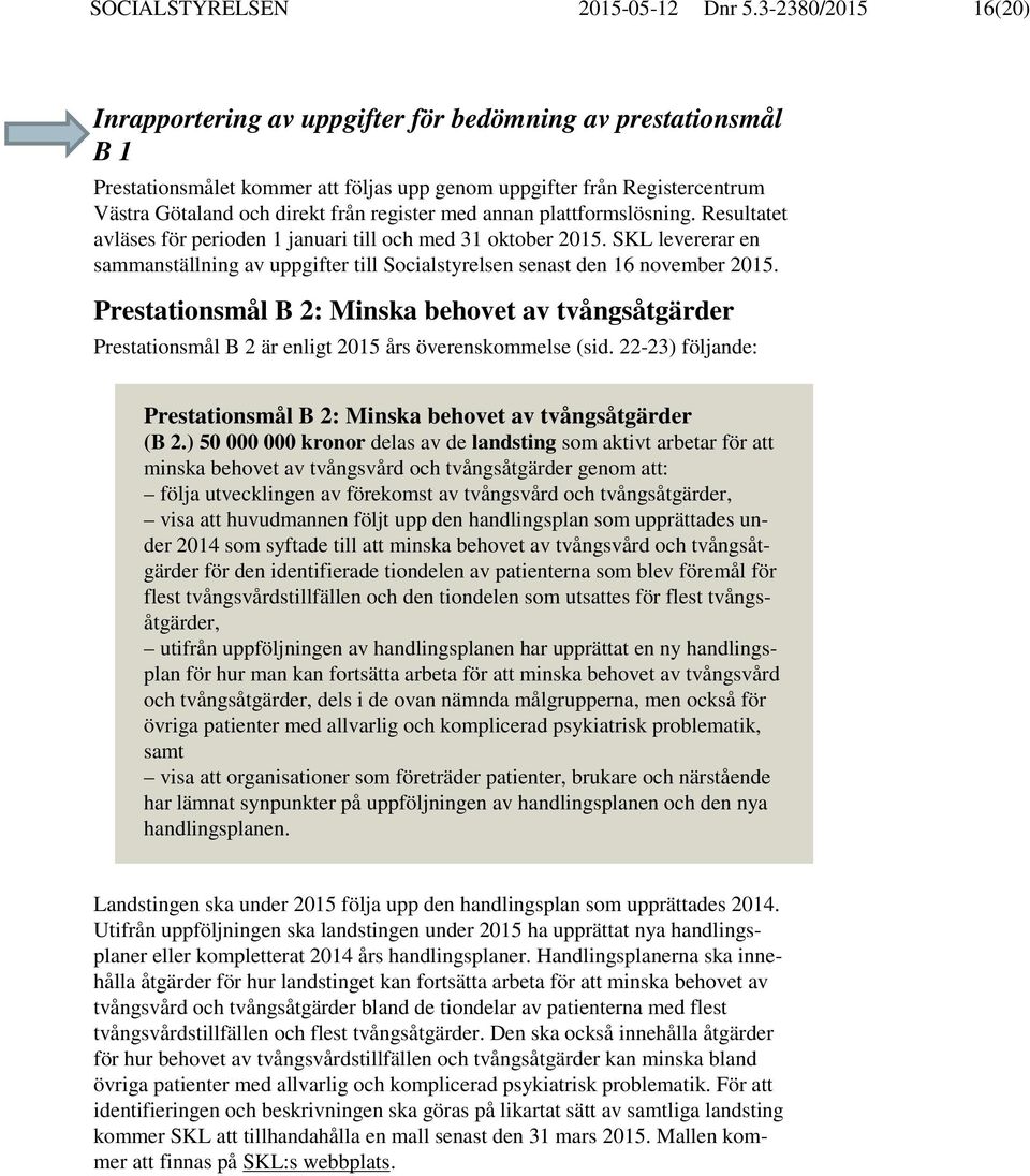 med annan plattformslösning. Resultatet avläses för perioden 1 januari till och med 31 oktober 2015. SKL levererar en sammanställning av uppgifter till Socialstyrelsen senast den 16 november 2015.