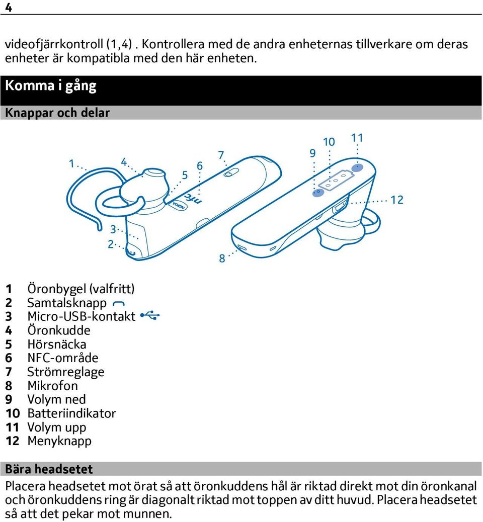 Strömreglage 8 Mikrofon 9 Volym ned 10 Batteriindikator 11 Volym upp 12 Menyknapp Bära headsetet Placera headsetet mot örat så att