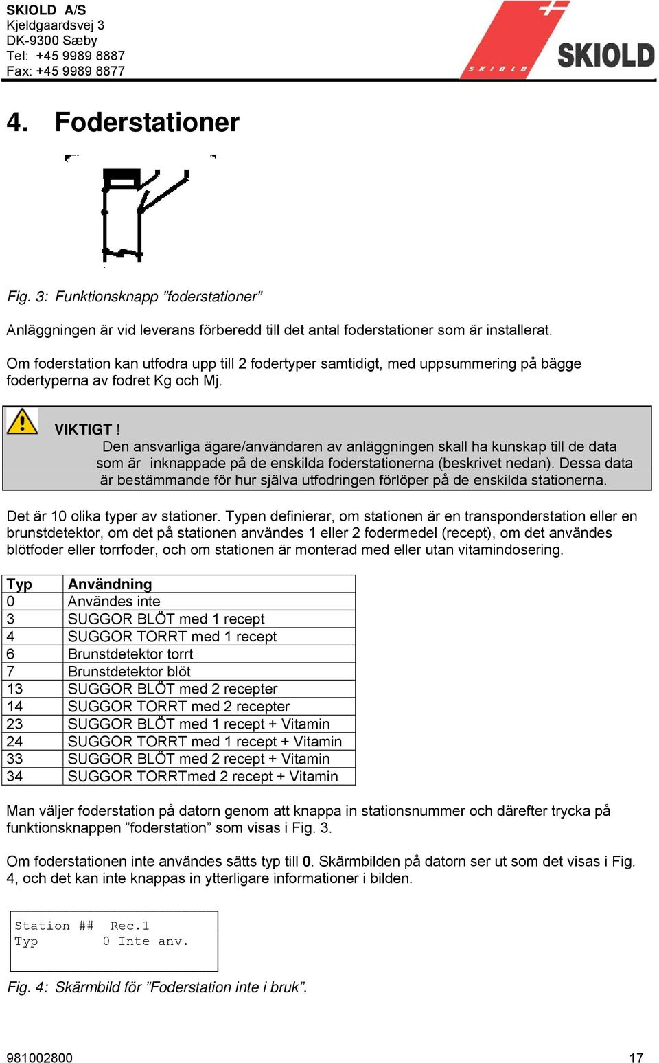 Den ansvarliga ägare/användaren av anläggningen skall ha kunskap till de data som är inknappade på de enskilda foderstationerna (beskrivet nedan).