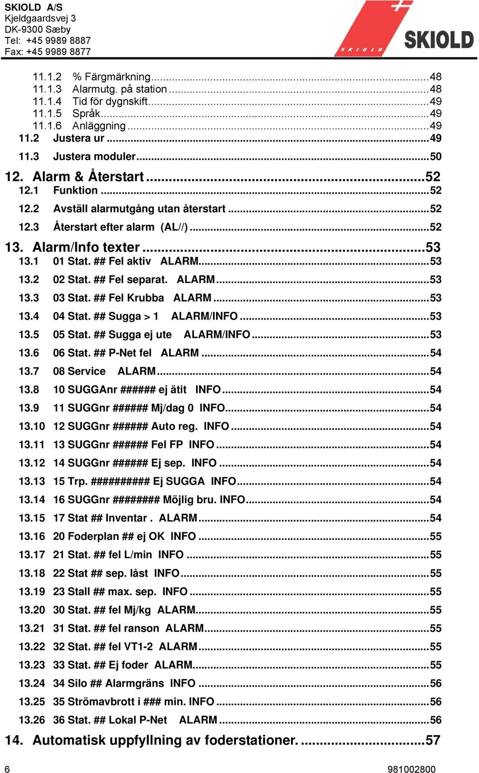 ## Fel separat. ALARM...53 13.3 03 Stat. ## Fel Krubba ALARM...53 13.4 04 Stat. ## Sugga > 1 ALARM/INFO...53 13.5 05 Stat. ## Sugga ej ute ALARM/INFO...53 13.6 06 Stat. ## P-Net fel ALARM...54 13.