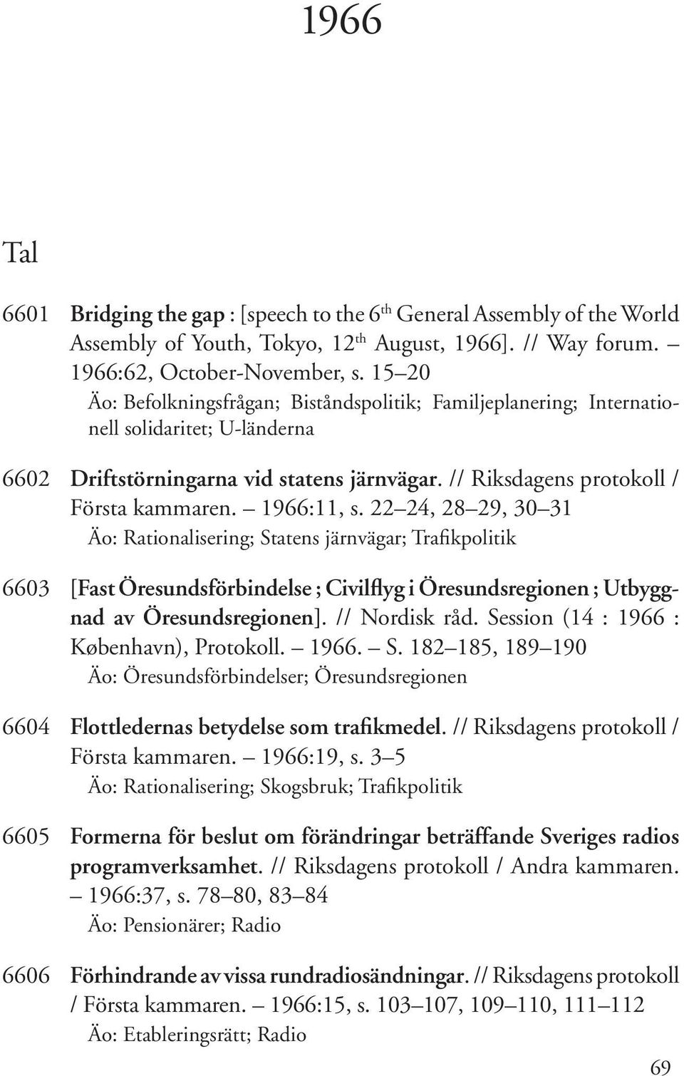 1966:11, s. 22 24, 28 29, 30 31 Äo: Rationalisering; Statens järnvägar; Trafikpolitik 6603 [Fast Öresundsförbindelse ; Civilflyg i Öresundsregionen ; Utbyggnad av Öresundsregionen]. // Nordisk råd.