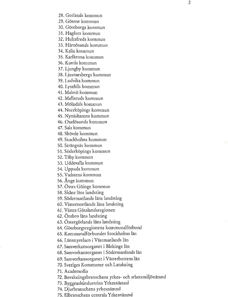 Oxelösunds kommun 47. Sala kommun 48. Skövde kommun 49. Stockholms kommun 50. Strängnäs kommun 51. Söderköpings kommun 52. Täby kommun 53. Uddevalla kommun 54. Uppsala kommun 55. Vadstena kommun 56.