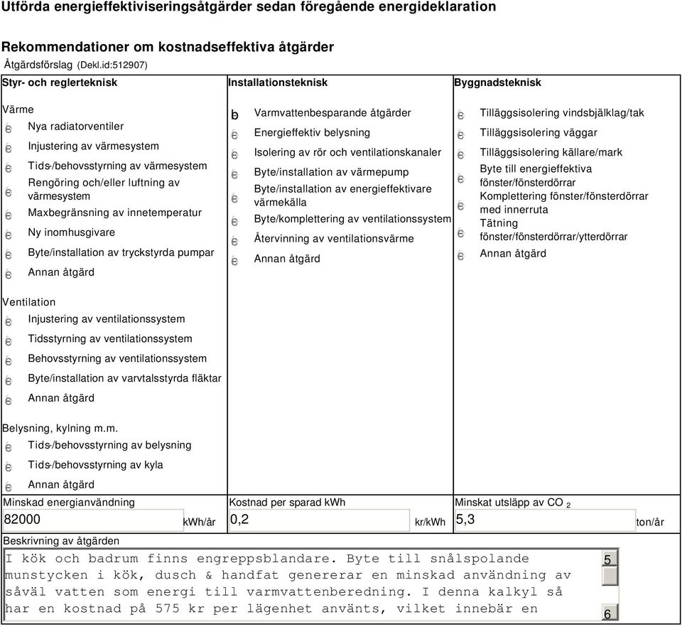 värmesystem Maxbegränsning av innetemperatur Ny inomhusgivare Byte/installation av tryckstyrda pumpar b Varmvattenbesparande åtgärder Energieffektiv belysning Isolering av rör och ventilationskanaler