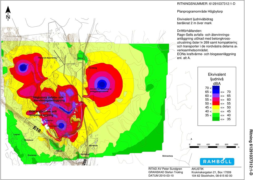 Högbytorp avfalls- och återvinningsanläggning EON kraftvärme- och biogasanläggning kylaggregat Fornborg Område för hantering av anläggningsmaterial Ekvivalent ljudnivå dba 70 < 65 < <= 70 60 < <= 65